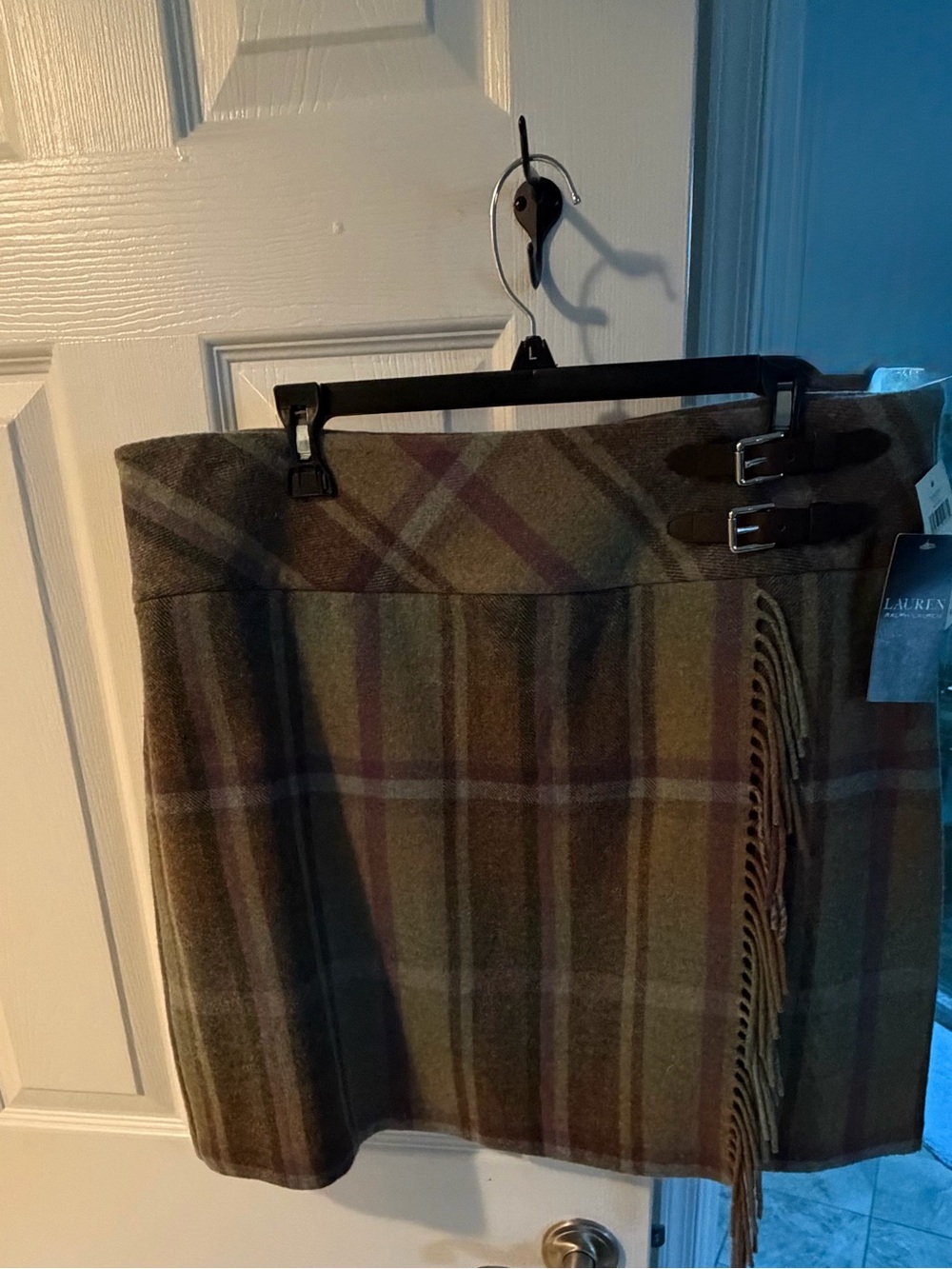 Lauren Ralph Lauren Olive Plaid Wrap Skirt/kilt with Fringe